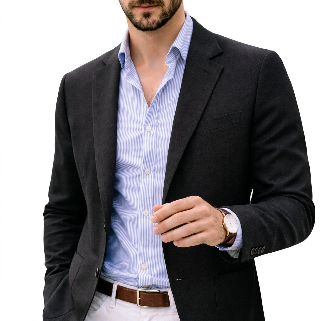 Black knit blazer with notch lapels and front pockets, worn open over a striped shirt.