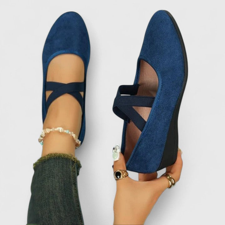 Blue orthopedic Mary Jane wedge shoes with ankle strap and sling strap