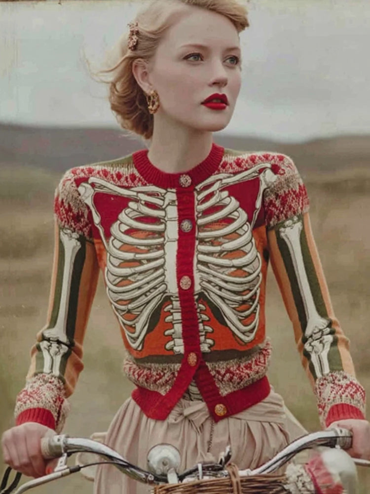 Chunky knit sweater cardigan with red-and-cream skeleton ribcage print and round neckline