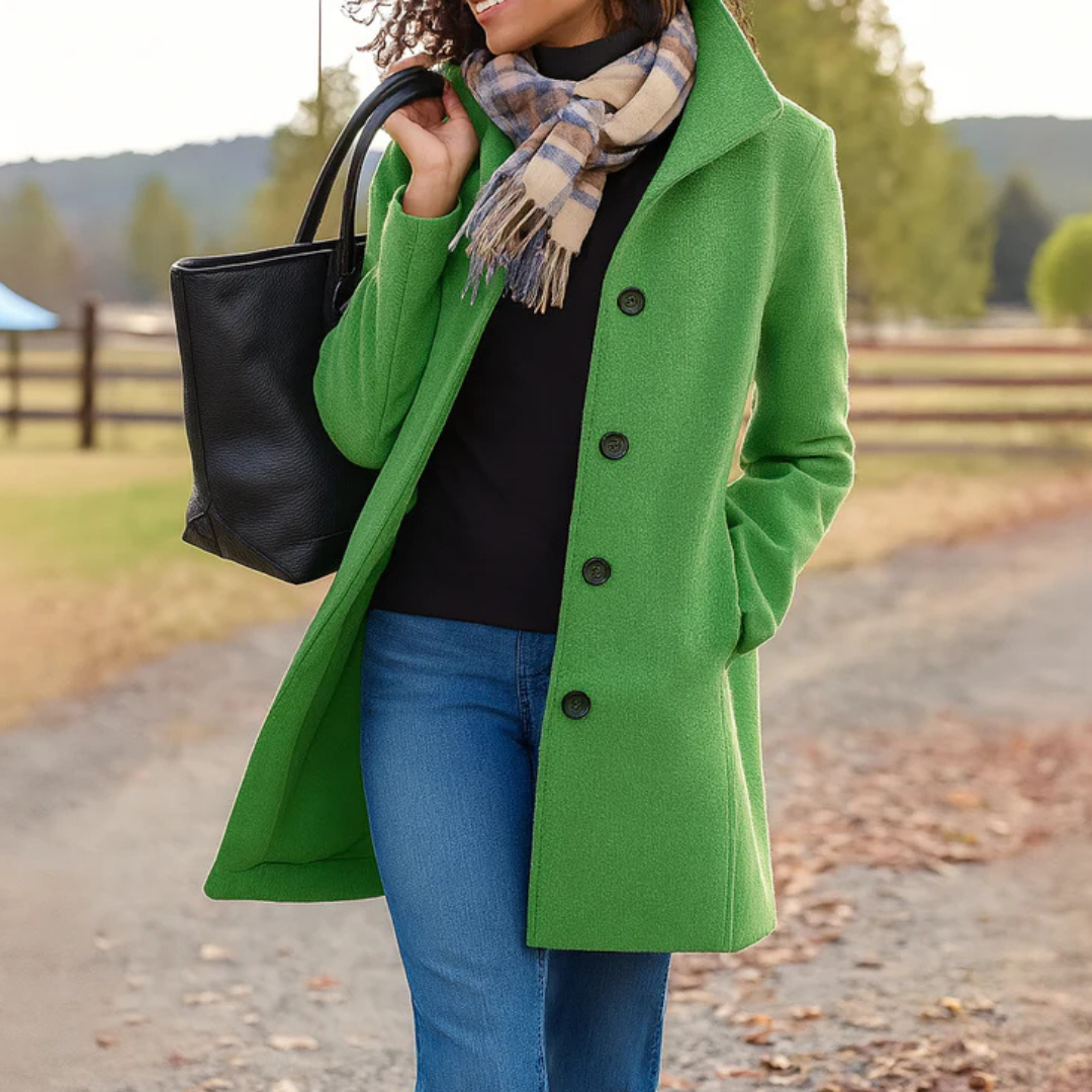 Women’s green winter coat with front button placket and notch collar