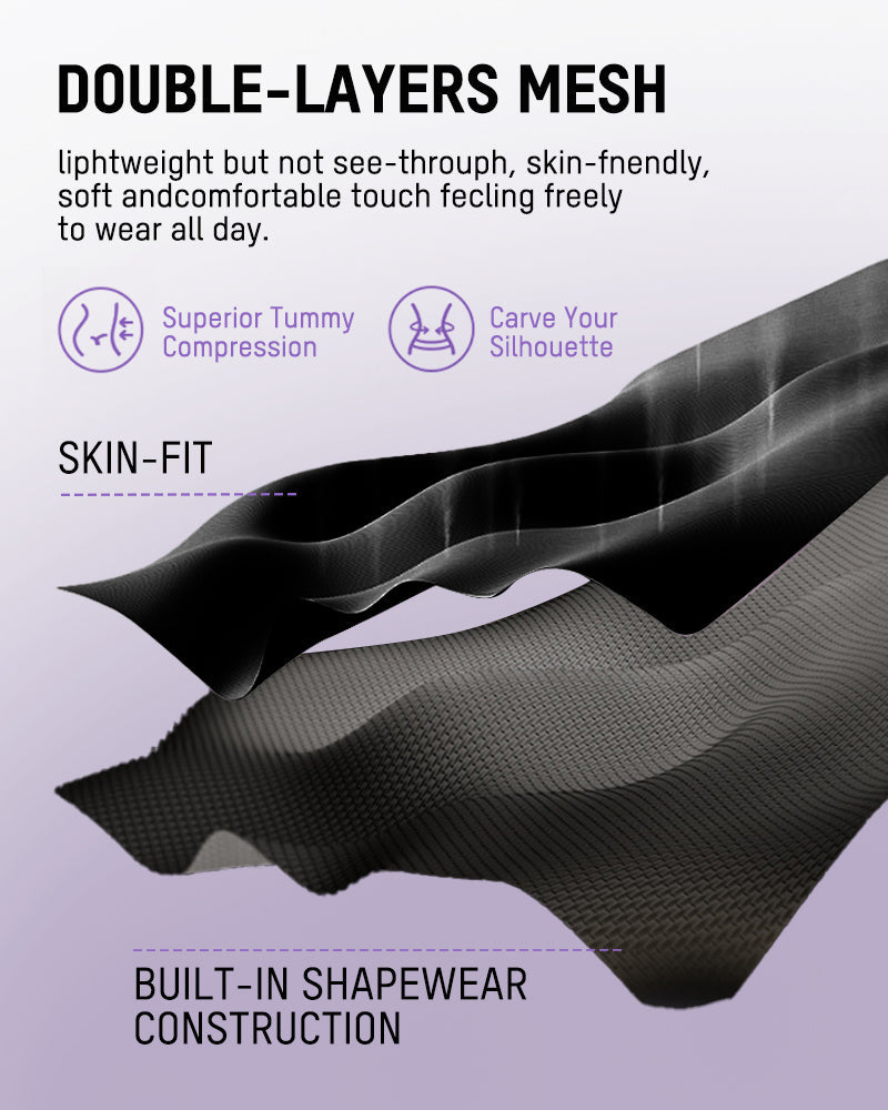 Black double-layer mesh shapewear fabric with built-in shapewear construction