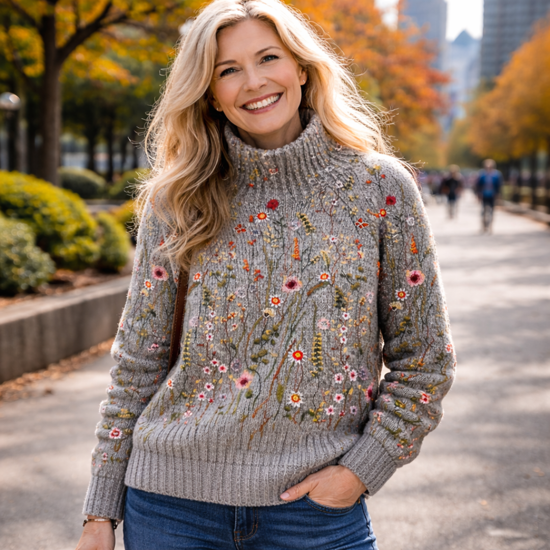 Abigail classic vintage floral sweater, gray knit with multicolor flower embroidery