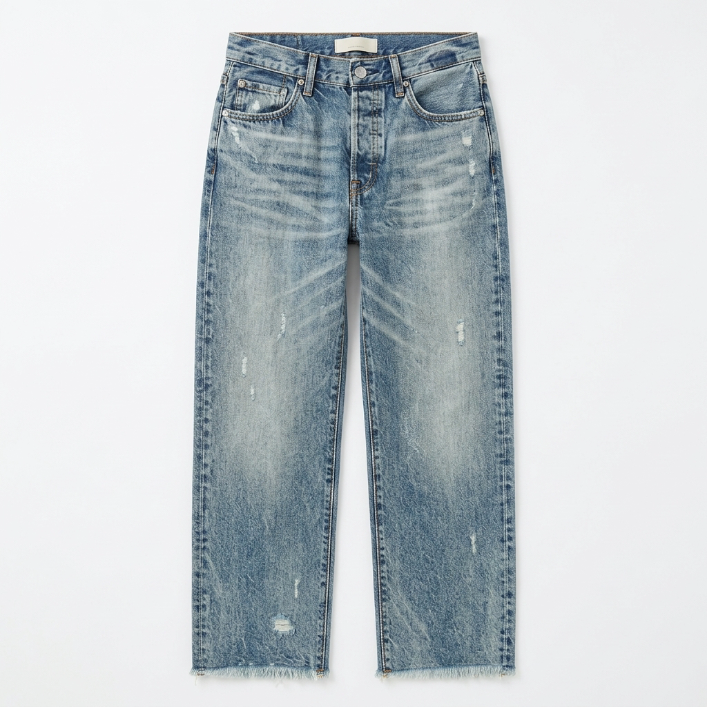 Women's vintage blue cropped straight jeans with distressed wash and frayed hem