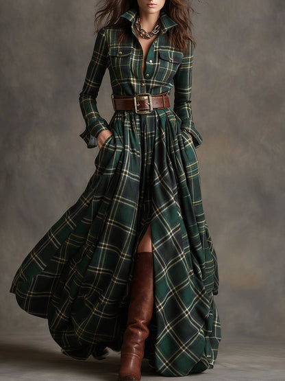 Dark green plaid shirt dress with long sleeves, button front, and wide waist belt