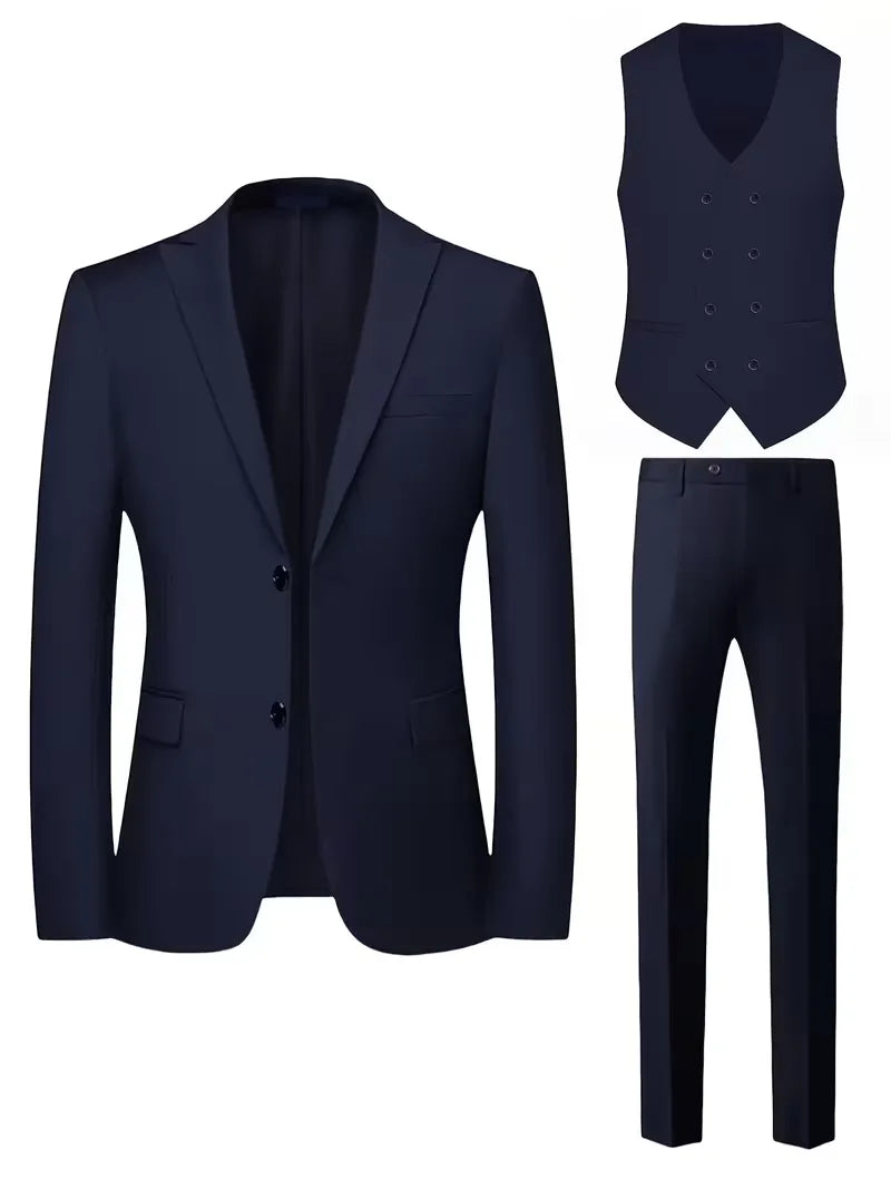 Navy men's suit set: blazer, waistcoat, and matching trousers