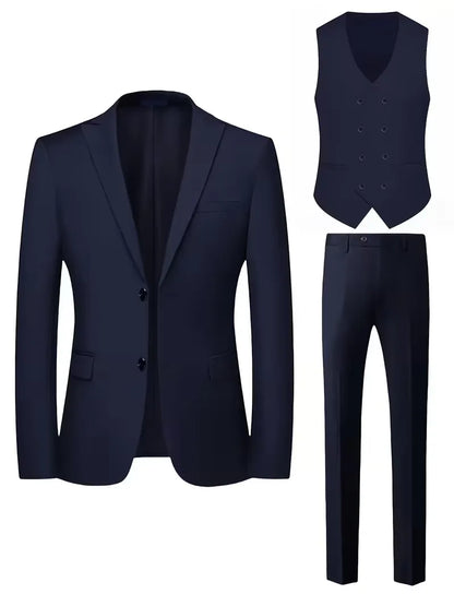 Navy men's suit set: blazer, waistcoat, and matching trousers