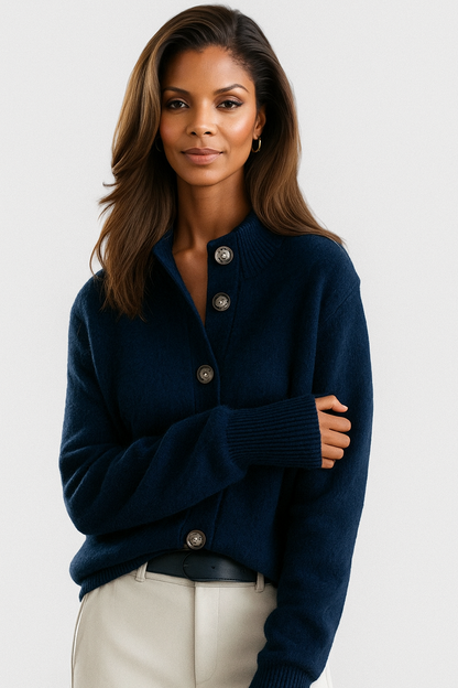 Navy button-front cardigan with long sleeves and ribbed cuffs