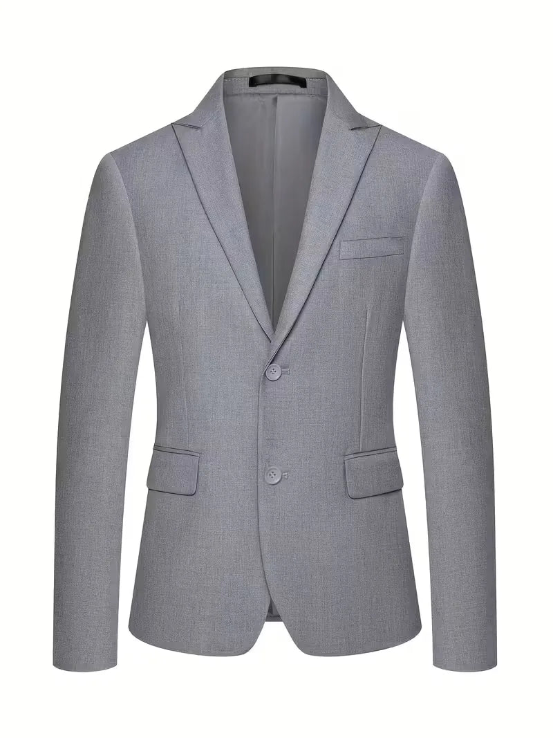 Light-gray men's slim-fit blazer with notched lapels and two-button closure