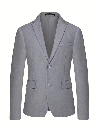 Light-gray men's slim-fit blazer with notched lapels and two-button closure