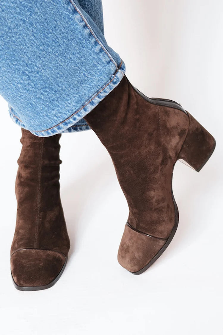 Gemma dark brown suede square-toe heeled boots with ankle shaft