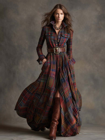 Reddish brown plaid shirt dress with long sleeves, button front, and cinched waist belt