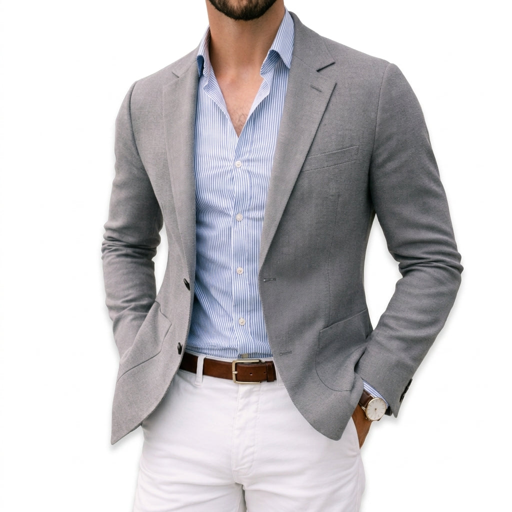 Grey knit blazer with notch lapels and front pockets, worn open over a striped shirt.