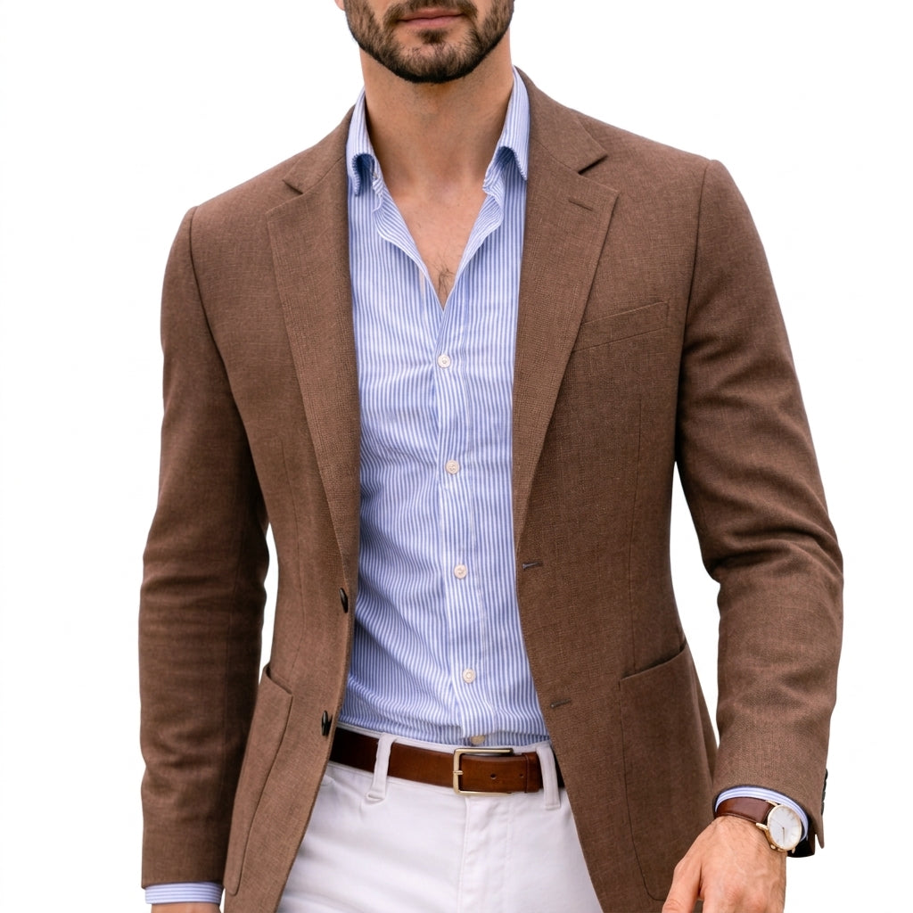 Brown knit blazer with notch lapels and front pockets, worn over a striped shirt.