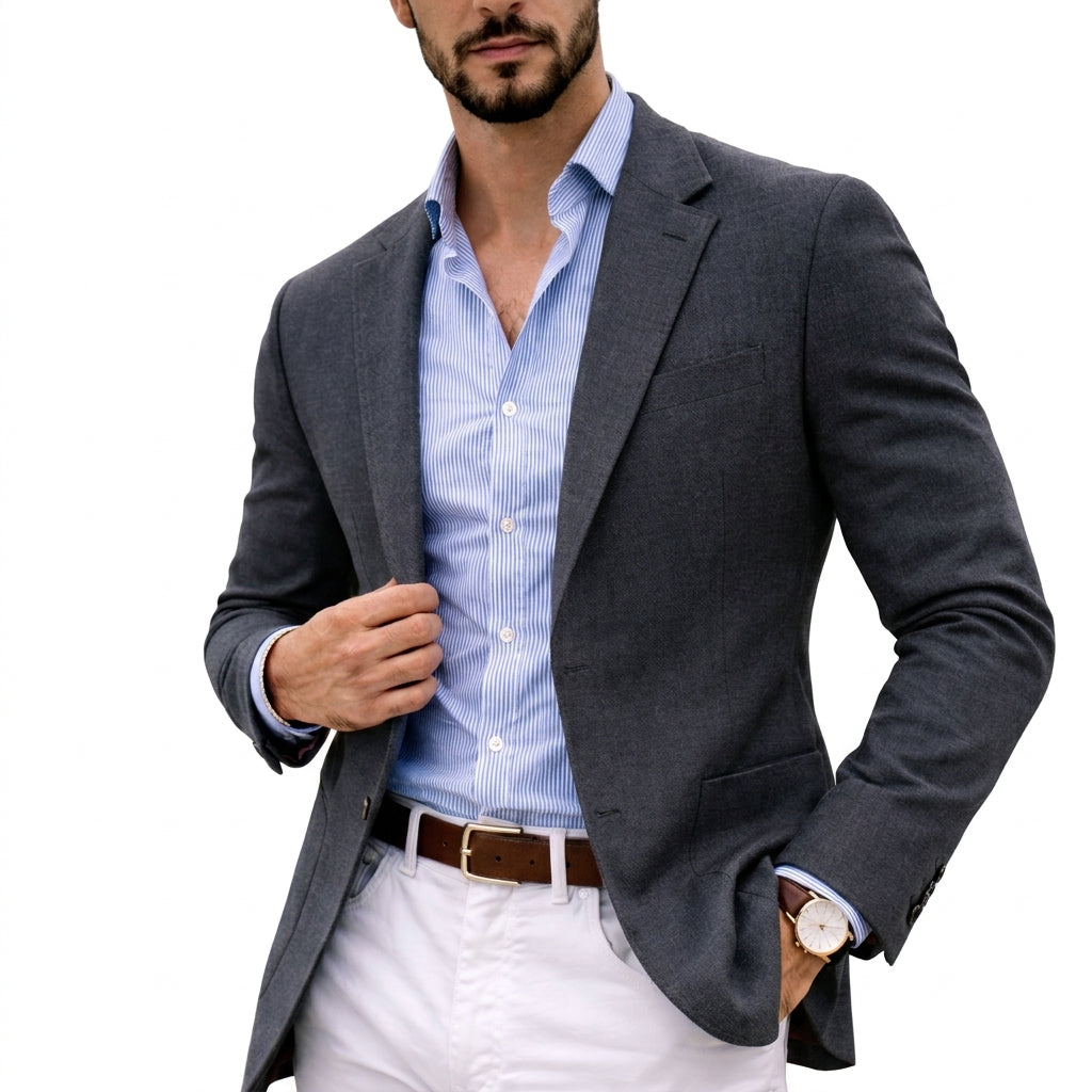 Dark grey knit blazer with notch lapels and front pockets, worn over a striped shirt.
