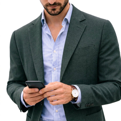 Green knit blazer with notch lapels and front pockets, worn over a striped shirt.