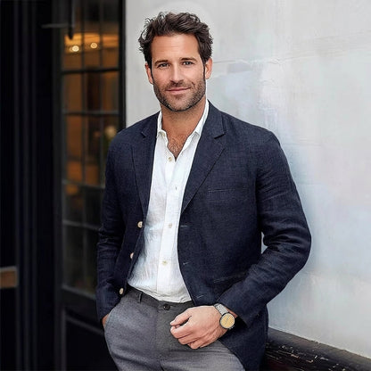Men's navy linen blazer with notch lapels and chest pocket