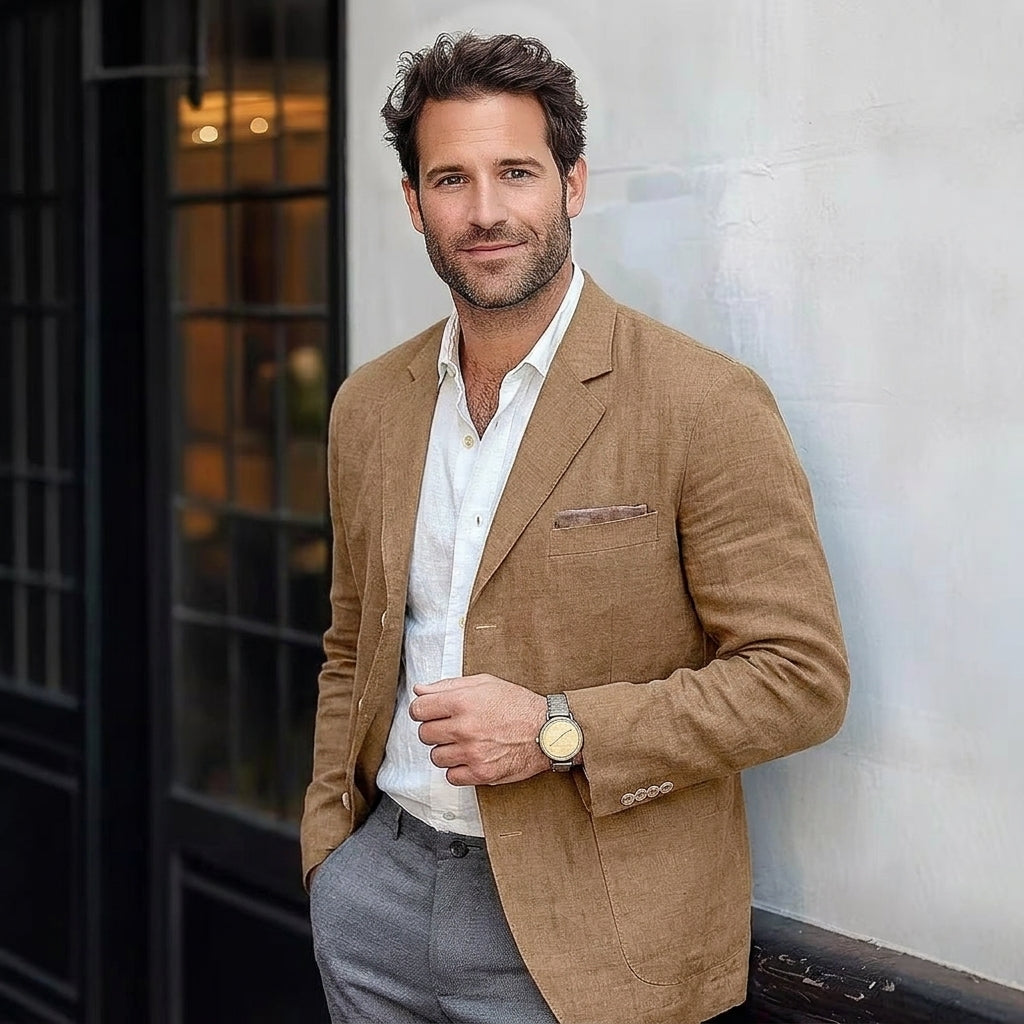 Men's brown linen blazer with notch lapels and chest pocket
