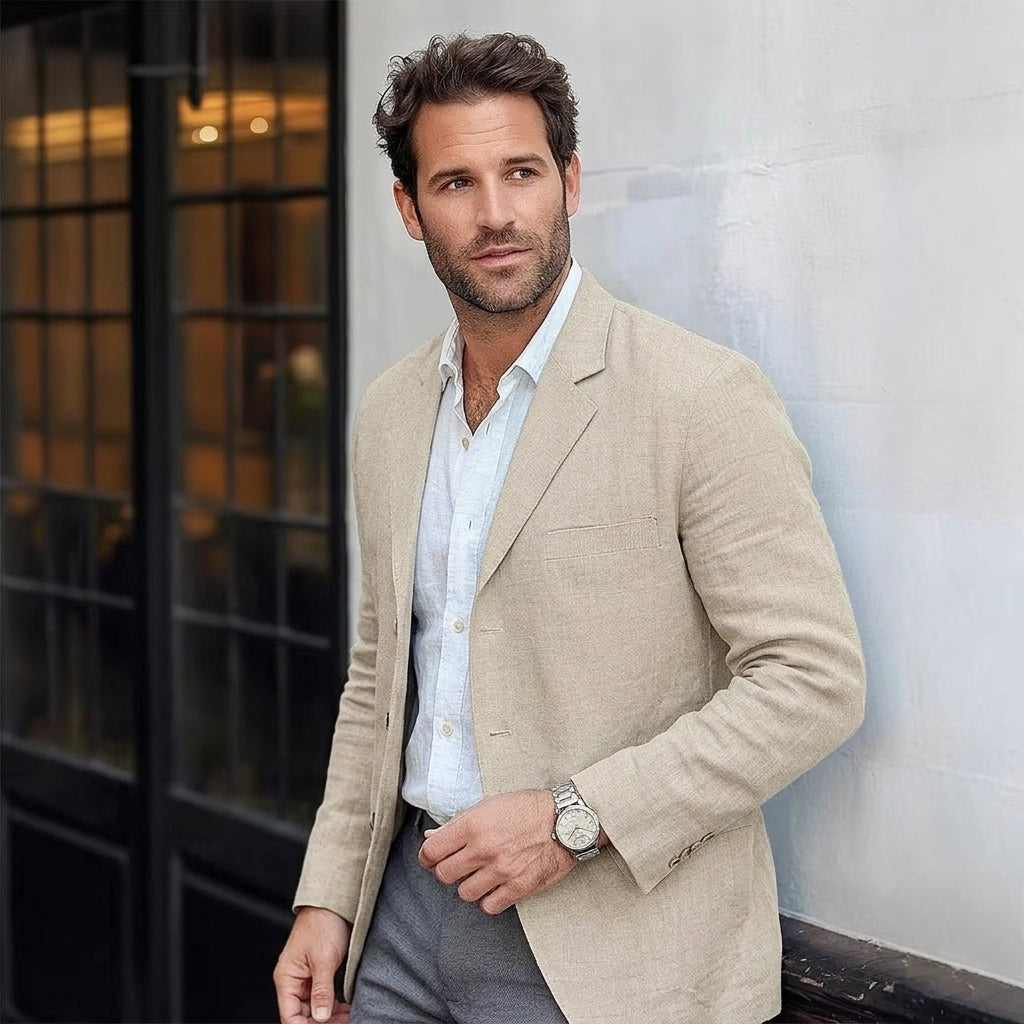 Men's cream linen blazer with notch lapels and chest pocket