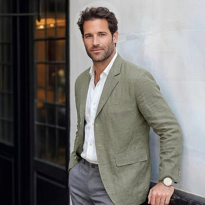 Men's green linen blazer with notch lapels and chest pocket