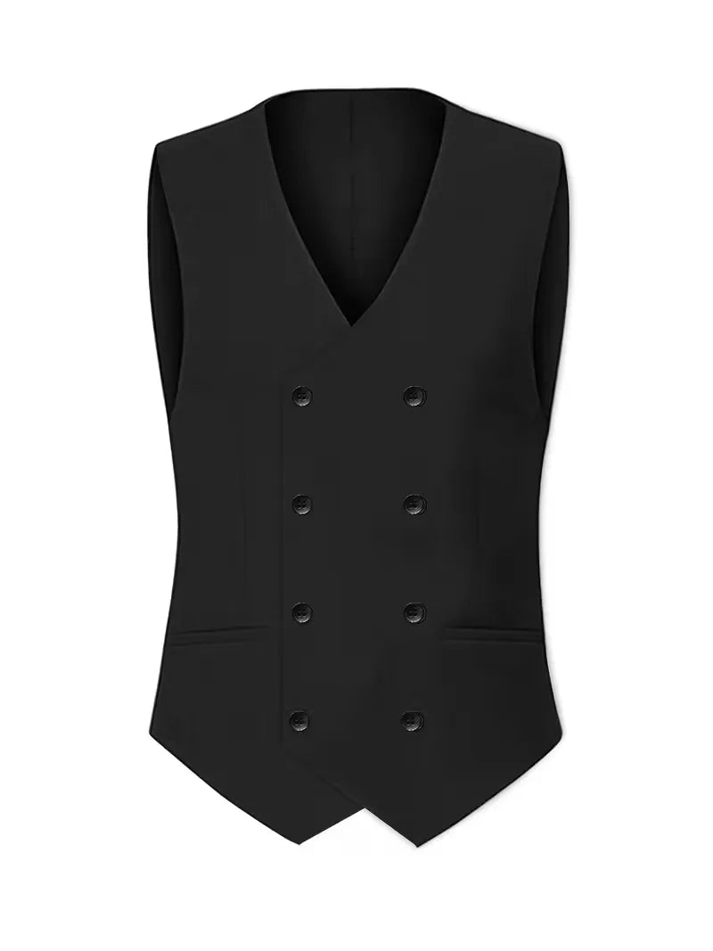 Black waistcoat with double-breasted buttons and V-neck styling