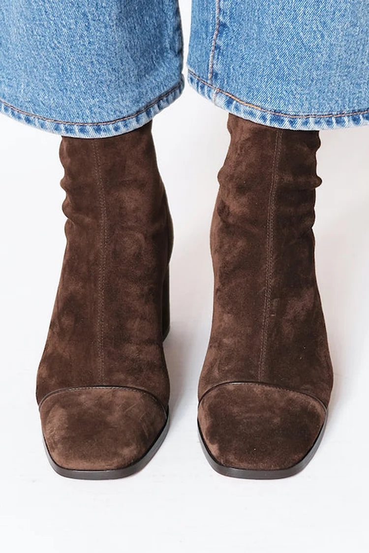 Gemma dark brown suede square-toe heeled boots, side view, ankle height