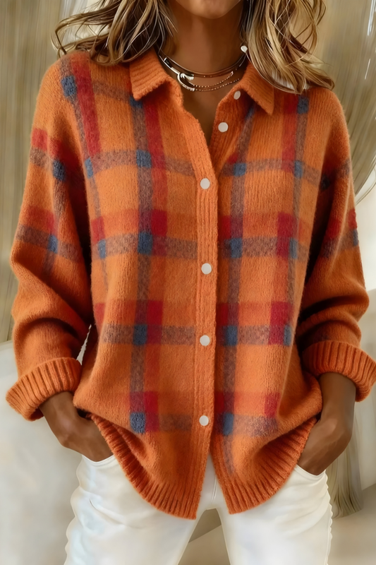 Soft check knit cardigan, orange with multicolor plaid, button-front and ribbed cuffs