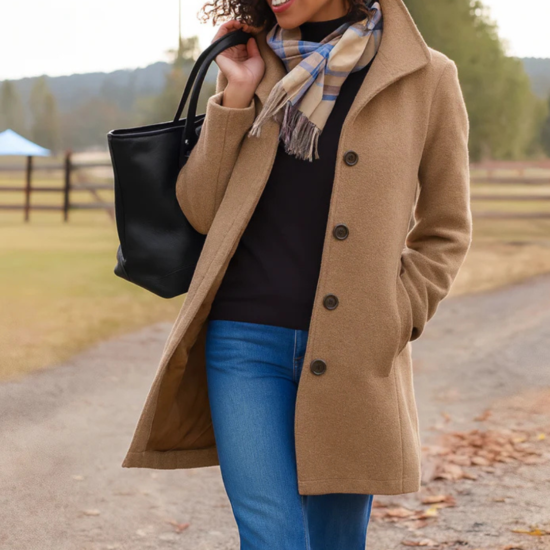 Women’s khaki winter coat with front button placket and notch collar