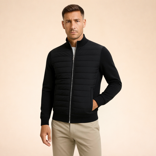Men's black hybrid puffer jacket with full-zip and ribbed knit sleeves