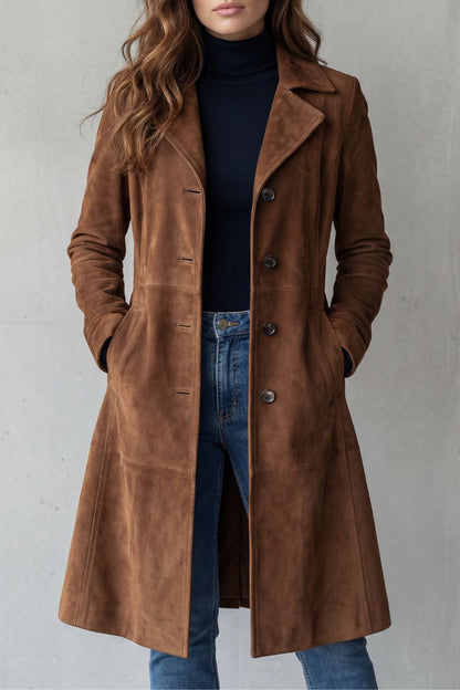 Brown suede longline coat with notched lapels, button front, side pockets.