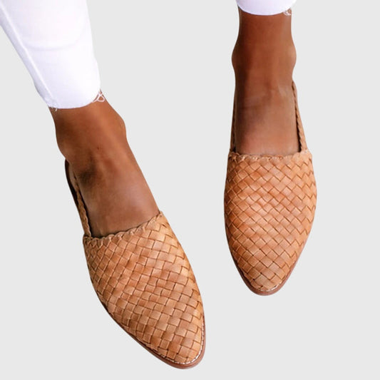 Selene orthopedic sandals, light brown woven slip-on with pointed toe