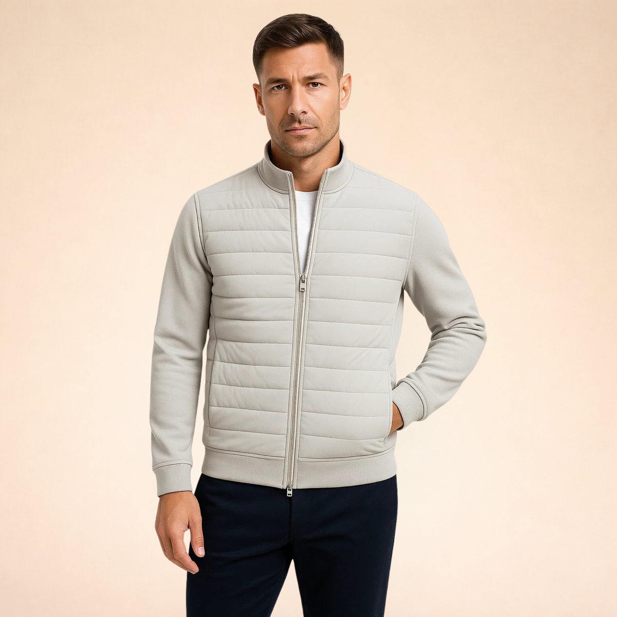 Men's light gray hybrid puffer jacket with full-zip and ribbed knit sleeves