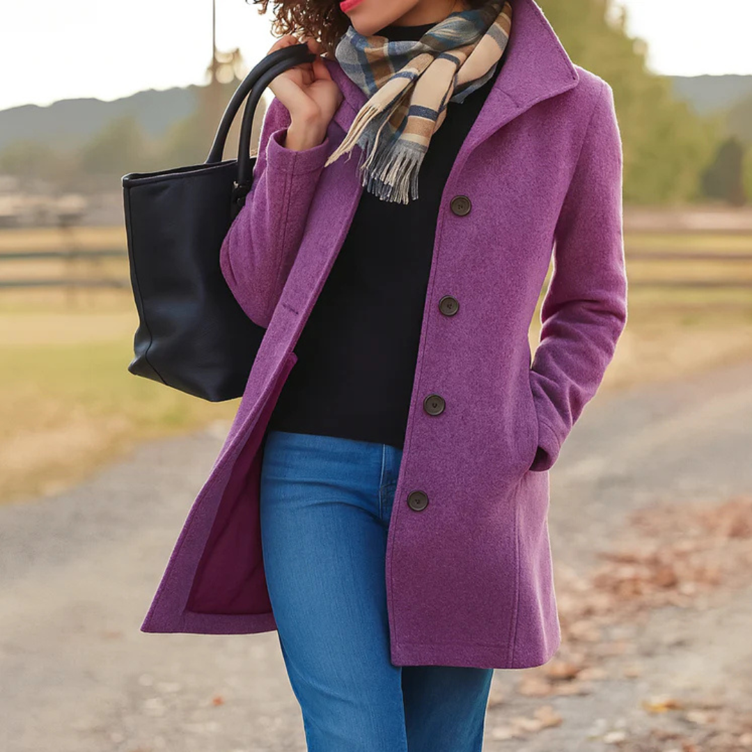 Women’s purple winter coat with front button placket and notch collar
