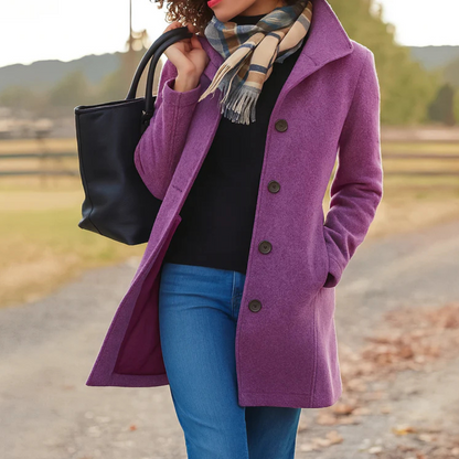 Women’s purple winter coat with front button placket and notch collar