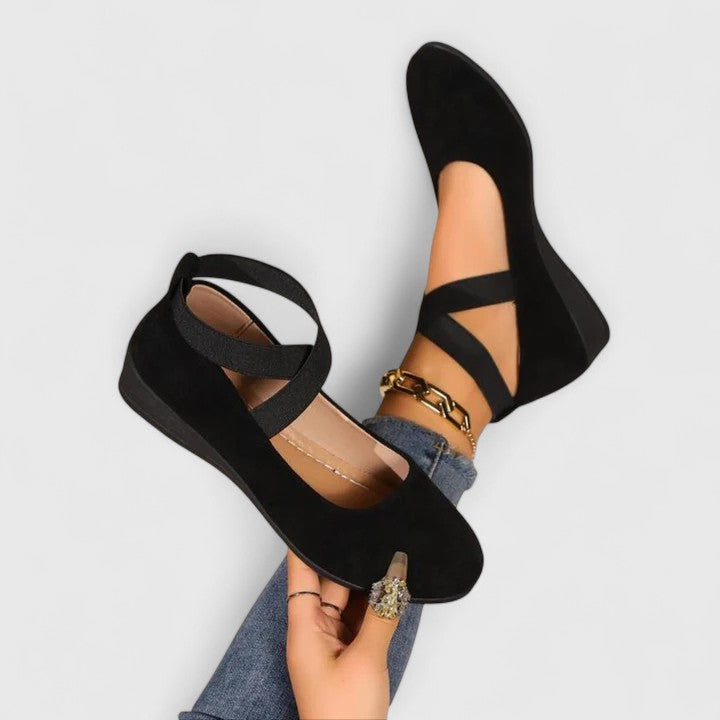 Black orthopedic Mary Jane wedge shoes with ankle strap and cross strap