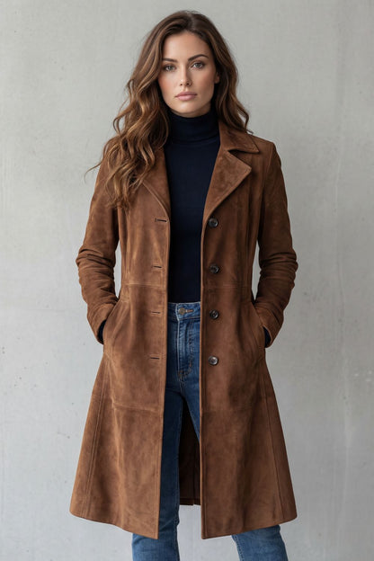 Brown suede longline coat with notched lapels and button front, long fit.