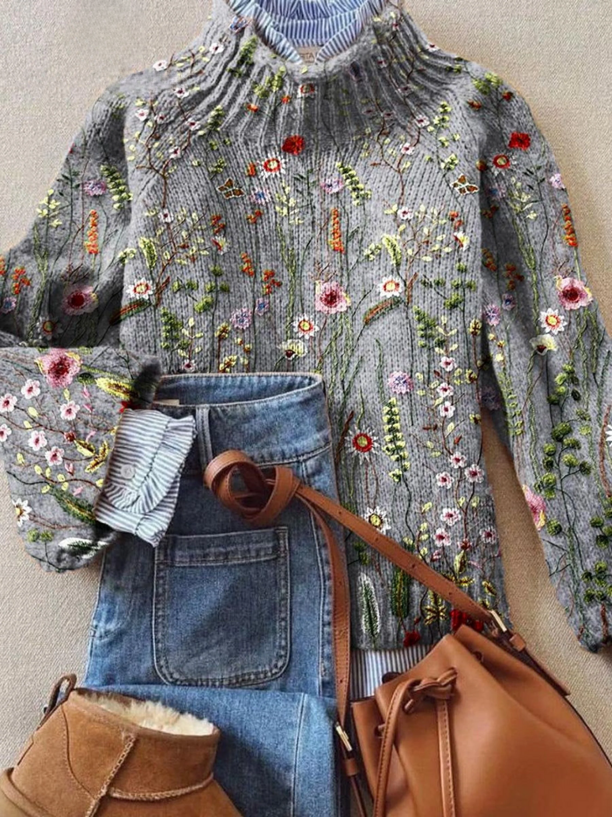 Abigail classic vintage floral sweater, gray turtleneck knit with bright floral pattern