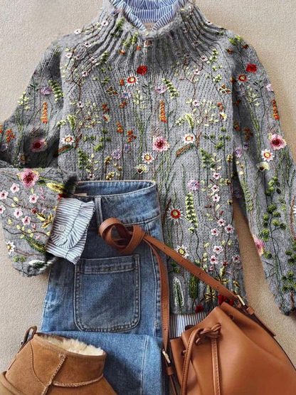Abigail classic vintage floral sweater, gray turtleneck knit with bright floral pattern