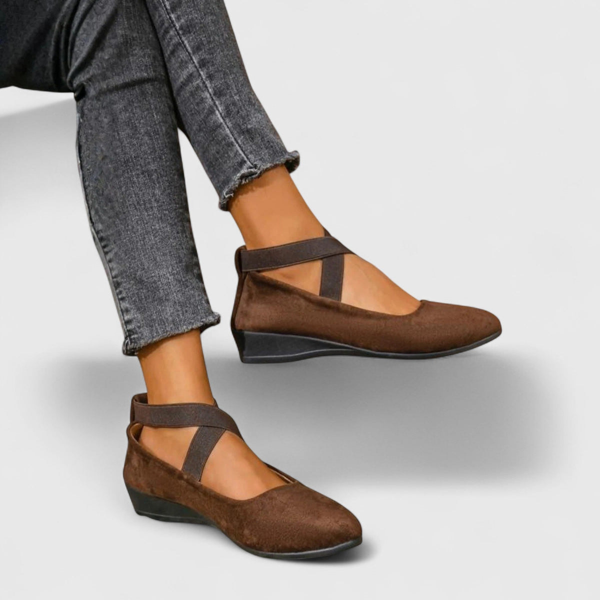 Brown orthopedic Mary Jane wedge shoes with adjustable strap and low sole