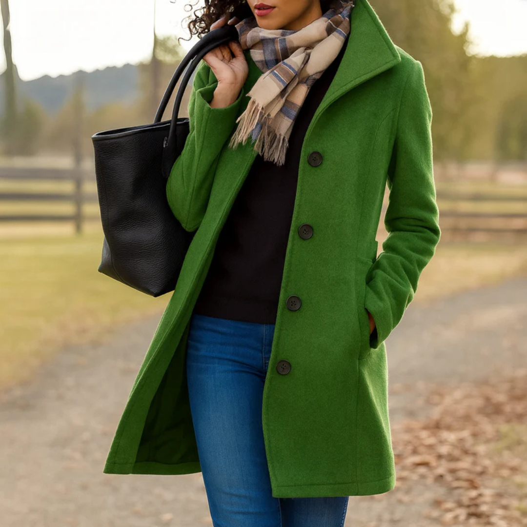 Women’s moss green winter coat with front button placket and notch collar