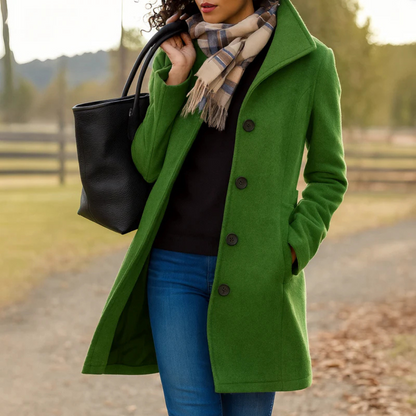 Women’s moss green winter coat with front button placket and notch collar
