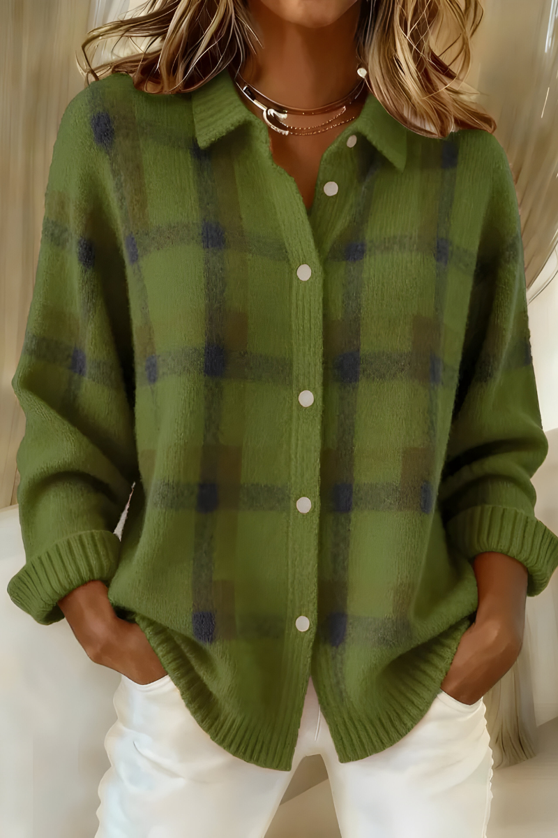 Soft check knit cardigan, green with multicolor plaid, button-front and ribbed cuffs