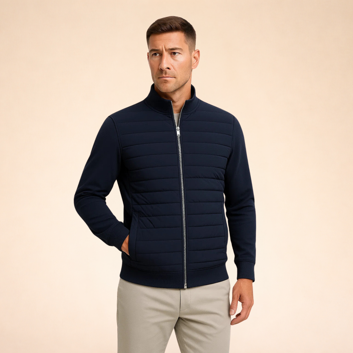 Men's navy hybrid puffer jacket, full-zip front with ribbed cuffs and hem