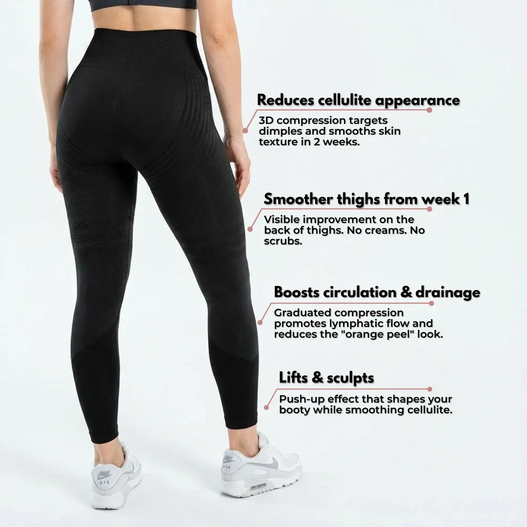 Anti-cellulite compression leggings for women, full-length black with contour seam lines