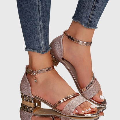 Alison orthopedic heeled sandals, rose-gold glitter with rose-gold ankle strap and block heel
