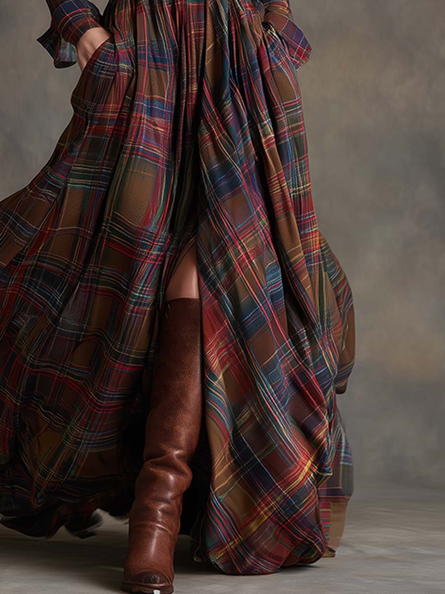 Reddish brown plaid maxi shirt dress with button front and wide waist belt detail