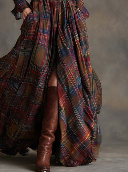 Reddish brown plaid maxi shirt dress with button front and wide waist belt detail