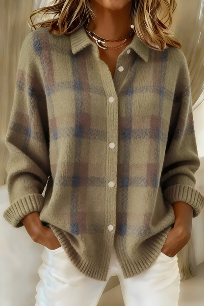 Soft check knit cardigan, sage with multicolor plaid, button-front and ribbed cuffs