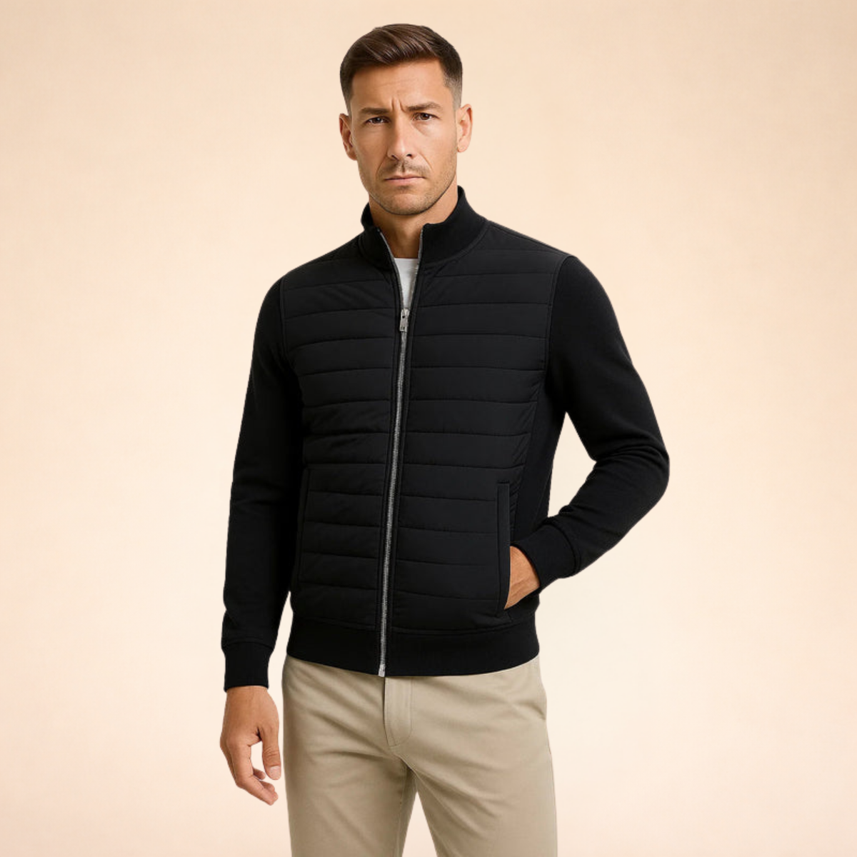 Men's black hybrid puffer jacket, quilted front panels and full-length zipper