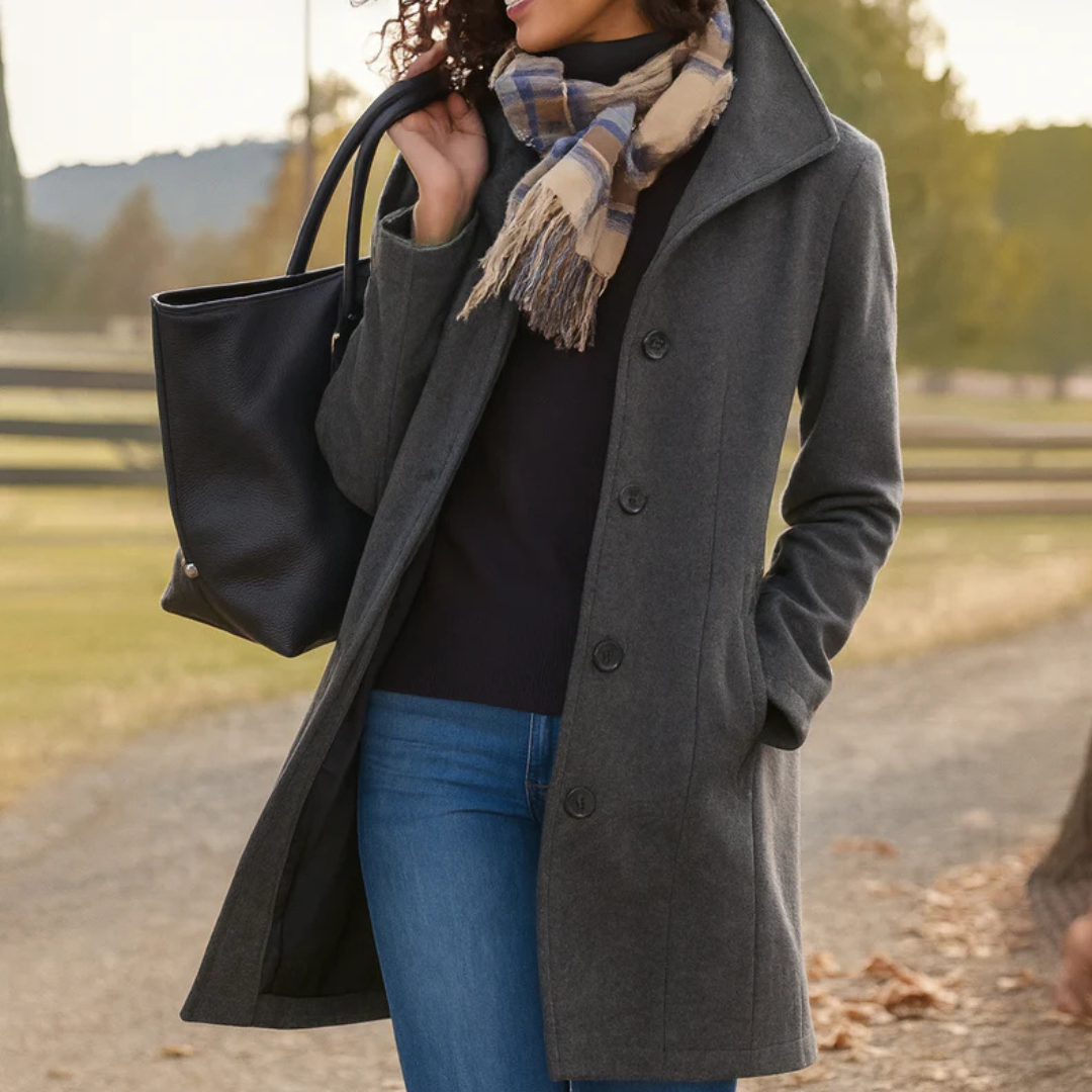 Women’s grey winter coat with front button placket and notch collar