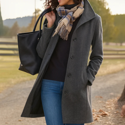 Women’s grey winter coat with front button placket and notch collar